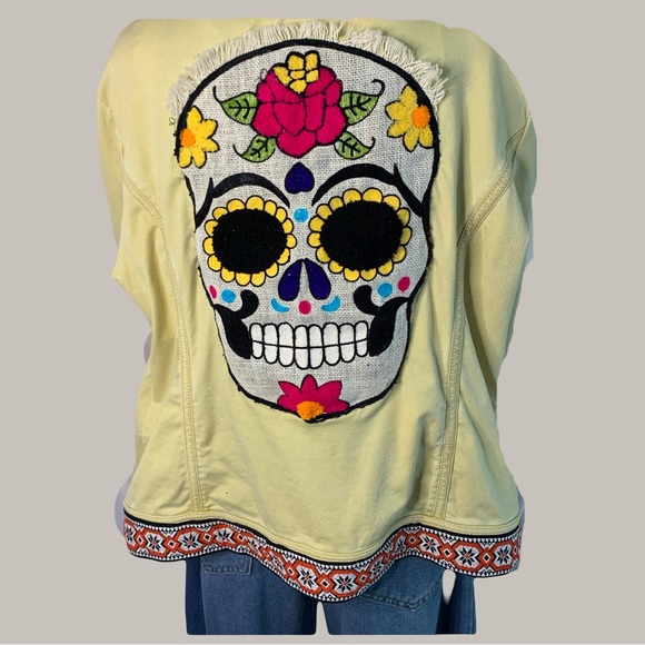 Colorful Upcycled Yellow Jacket with Large Skull Embellishments - Picture 4 of 7